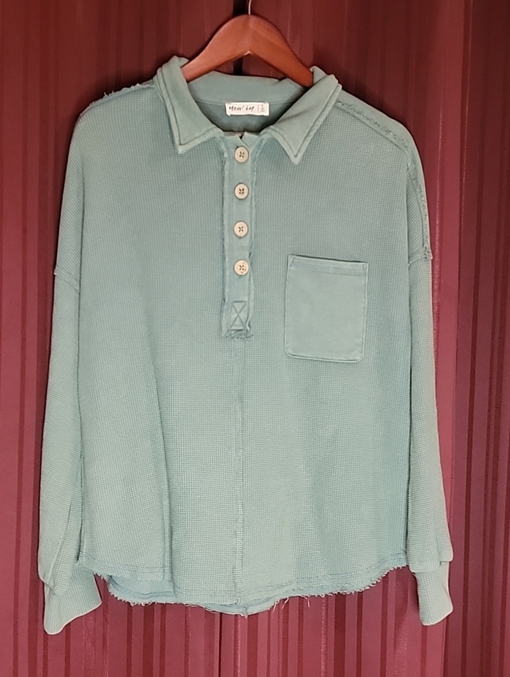New Me Sage Green Long Sleeve Waffle Top